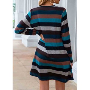 Pocket Long Sleeve Multi Color Striped Dress