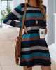 Pocket Long Sleeve Multi Color Striped Dress