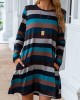 Pocket Long Sleeve Multi Color Striped Dress