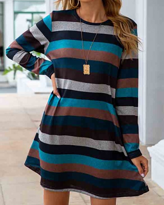 Pocket Long Sleeve Multi Color Striped Dress