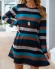 Pocket Long Sleeve Multi Color Striped Dress