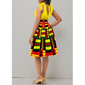 Tribal Print Sleeveless Yellow V Neck Dress