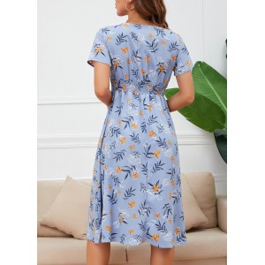 V Neck Sky Blue Leaf Print Dress