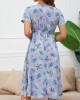 V Neck Sky Blue Leaf Print Dress