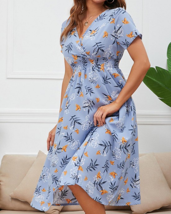 V Neck Sky Blue Leaf Print Dress