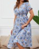 V Neck Sky Blue Leaf Print Dress