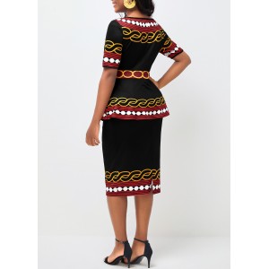 Tribal Print Round Neck Deep Red Peplum Waist Dress