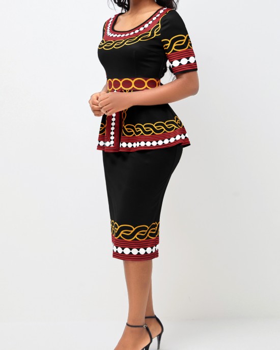 Tribal Print Round Neck Deep Red Peplum Waist Dress