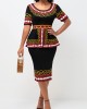 Tribal Print Round Neck Deep Red Peplum Waist Dress