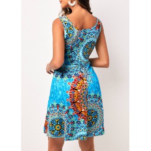 Wide Strap Sky Blue Tribal Print Dress