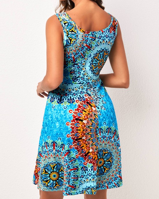 Wide Strap Sky Blue Tribal Print Dress