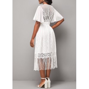 Lace Stitching V Neck Butterfly Sleeve White Dress