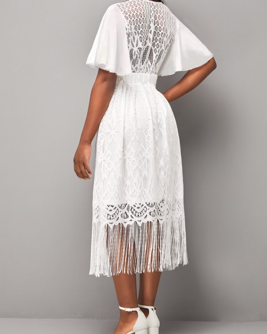 Lace Stitching V Neck Butterfly Sleeve White Dress