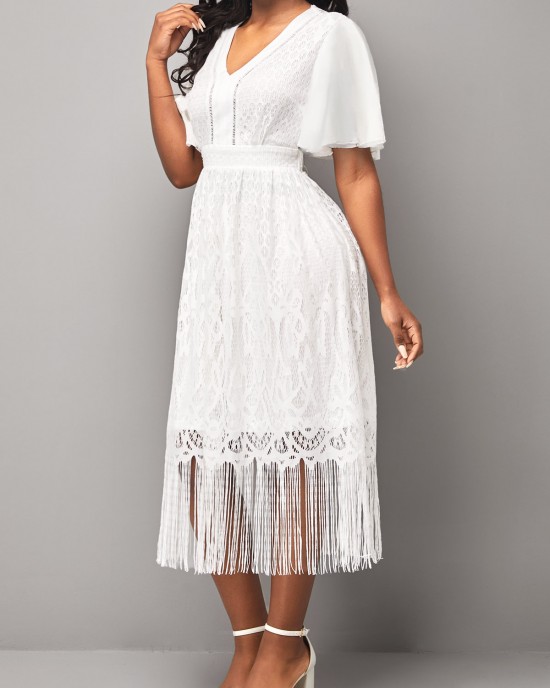 Lace Stitching V Neck Butterfly Sleeve White Dress