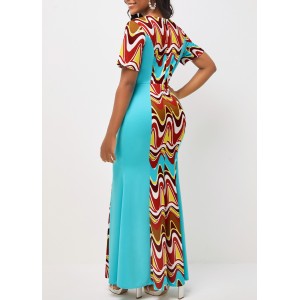 Cyan Tribal Print Short Sleeve V Neck Dress