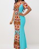 Cyan Tribal Print Short Sleeve V Neck Dress