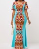 Cyan Tribal Print Short Sleeve V Neck Dress