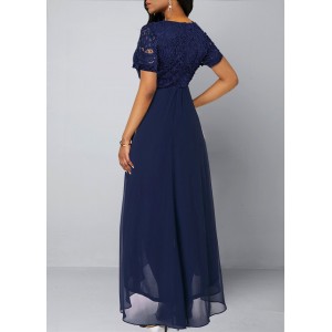 Chiffon Lace Stitching Asymmetric Hem Navy Blue Dress