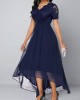 Chiffon Lace Stitching Asymmetric Hem Navy Blue Dress