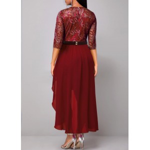 Lace Patchwork Wine Red 3/4 Sleeve Dress