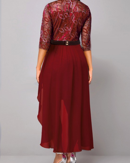 Lace Patchwork Wine Red 3/4 Sleeve Dress