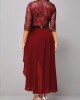 Lace Patchwork Wine Red 3/4 Sleeve Dress