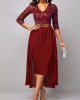 Lace Patchwork Wine Red 3/4 Sleeve Dress