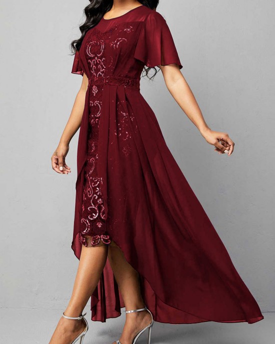 Sequin Embroidered Chiffon Round Neck Dress