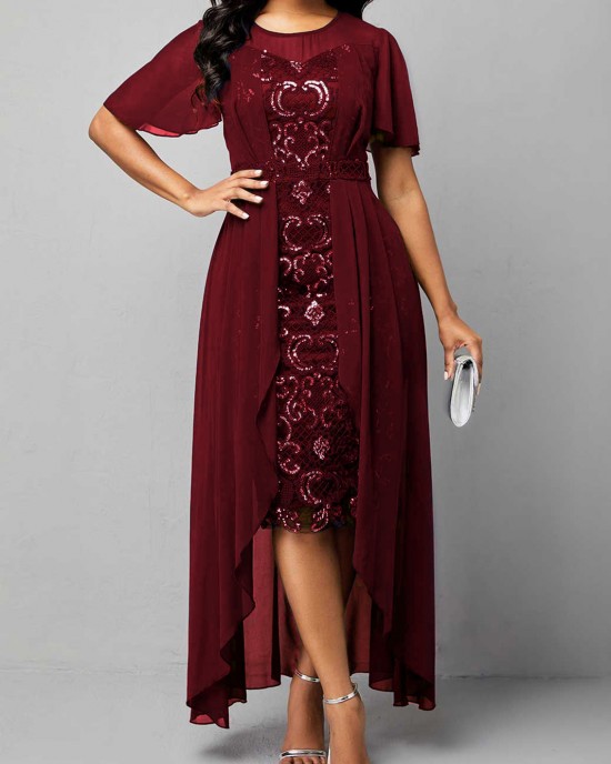 Sequin Embroidered Chiffon Round Neck Dress