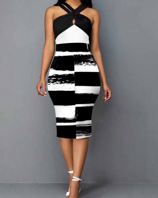 Cross Halter Color Block Graffiti Print Dress