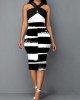 Cross Halter Color Block Graffiti Print Dress