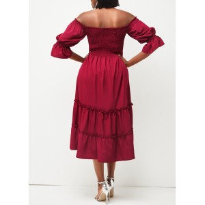 Wine Red Smocked Off Shoulder Valentines Dress