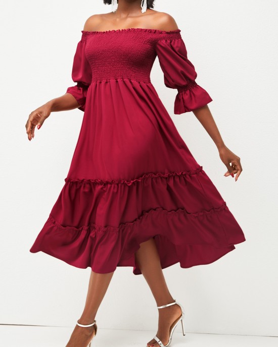 Wine Red Smocked Off Shoulder Valentines Dress