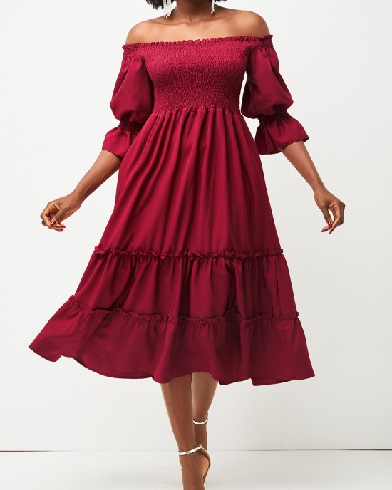 Wine Red Smocked Off Shoulder Valentines Dress