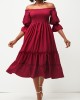 Wine Red Smocked Off Shoulder Valentines Dress