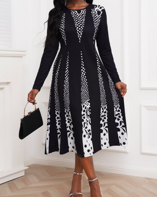 Contrast Long Sleeve Polka Dot Dress