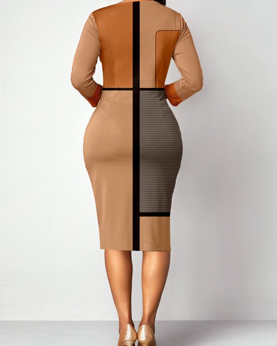 Geometric Print Patchwork Light Camel Bodycon Dress