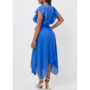 Blue Asymmetric Hem Belted V Neck Dress