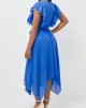 Blue Asymmetric Hem Belted V Neck Dress