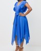 Blue Asymmetric Hem Belted V Neck Dress