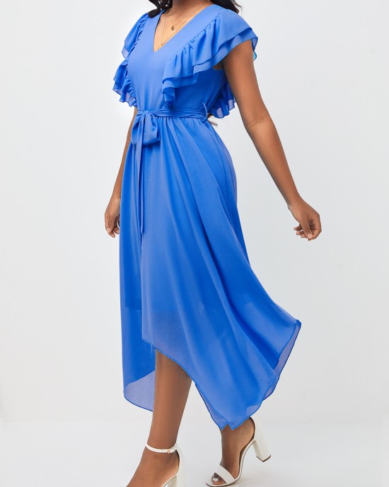 Blue Asymmetric Hem Belted V Neck Dress