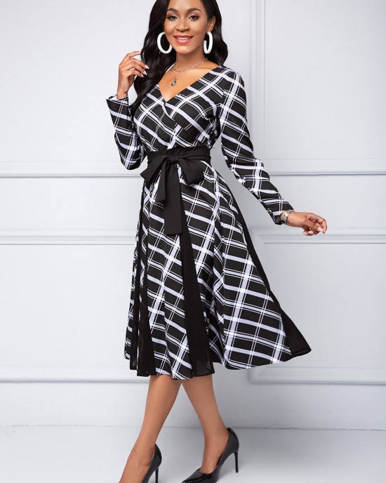 V Neck Long Sleeve Plaid dress