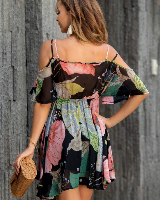 Strappy Cold Shoulder Floral Print Dress