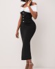 Off Shoulder Black Contrast Decorative Button Dress