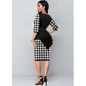 Faux Two Piece Houndstooth Print Black Dress