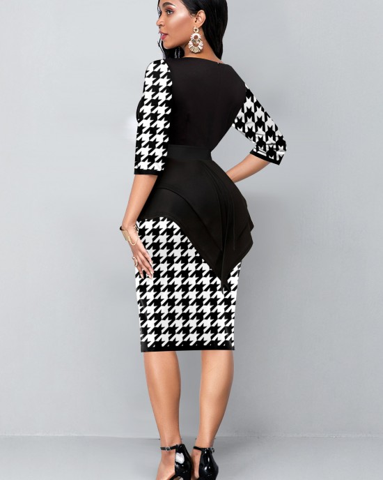 Faux Two Piece Houndstooth Print Black Dress