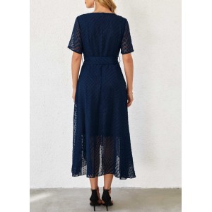 Chiffon Cut Flowers Belted Navy Blue Dress