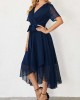 Chiffon Cut Flowers Belted Navy Blue Dress