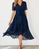 Chiffon Cut Flowers Belted Navy Blue Dress