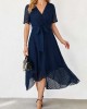 Chiffon Cut Flowers Belted Navy Blue Dress